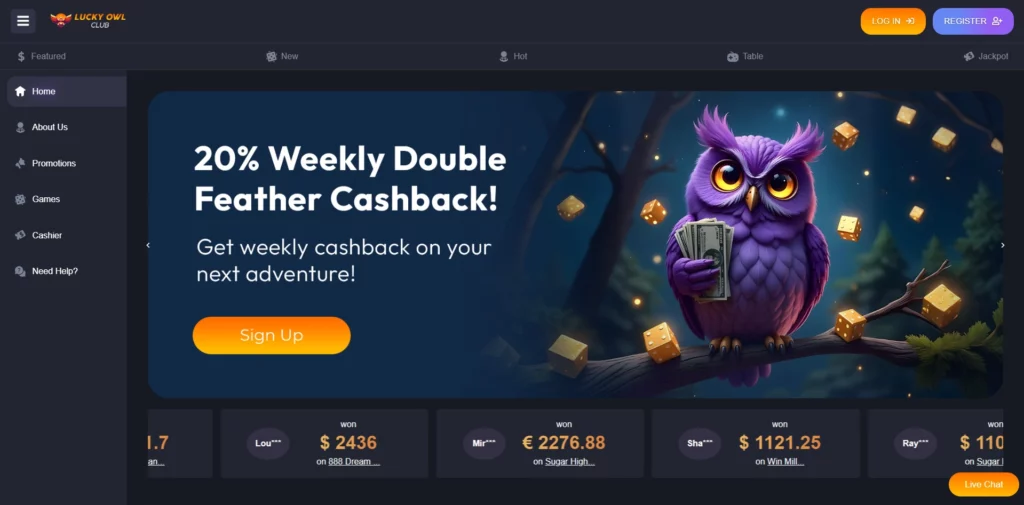 Lucky Owl Club Casino Main Page