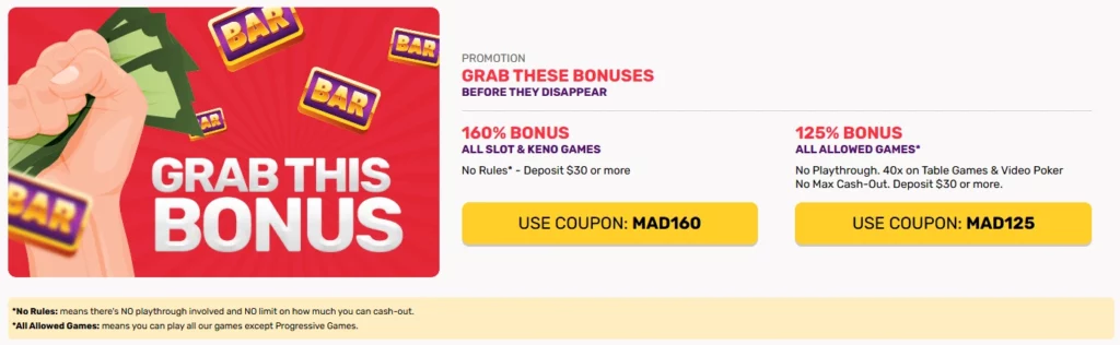 Slot Madness Casino 160% Slots Bonus