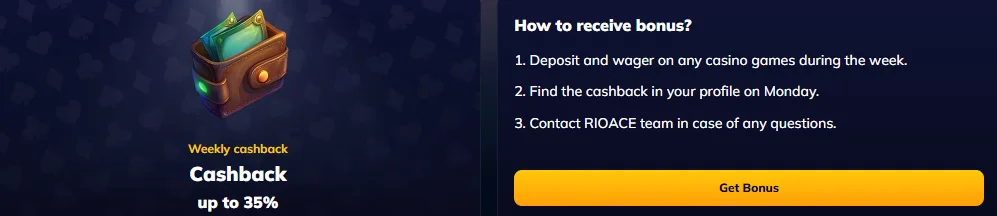 RioAce Casino Weekly Cashback Bonus